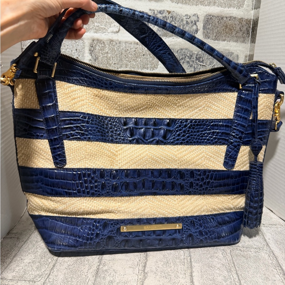 Brahmin  Vineyard Raffia and croc Embossed Whiskey Leather Handbag Purse large